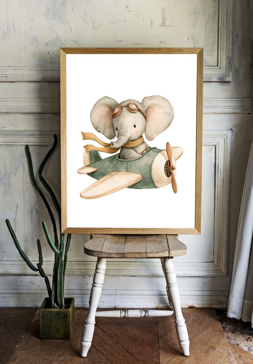 Flying Elephant Nursery Illustration Poster. room preview