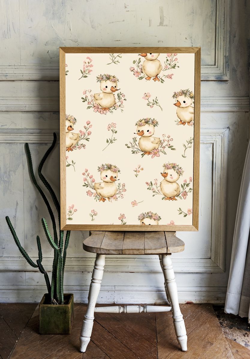 Cute Ducklings with Flowers — Kids Print. — room view 1