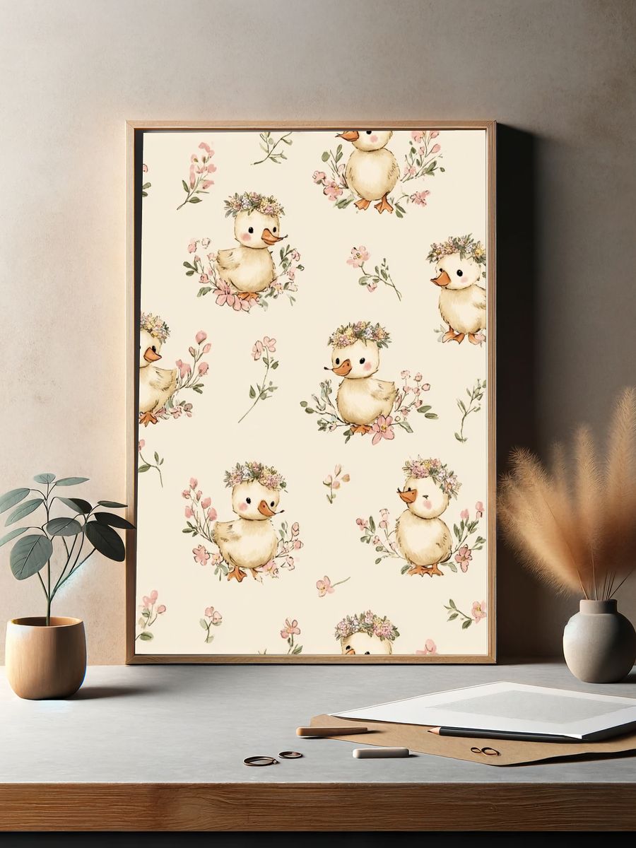 Cute Ducklings with Flowers — Kids Print. — room view 2
