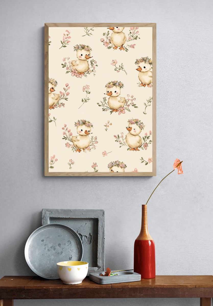 Cute Ducklings with Flowers — Kids Print. — room view 3