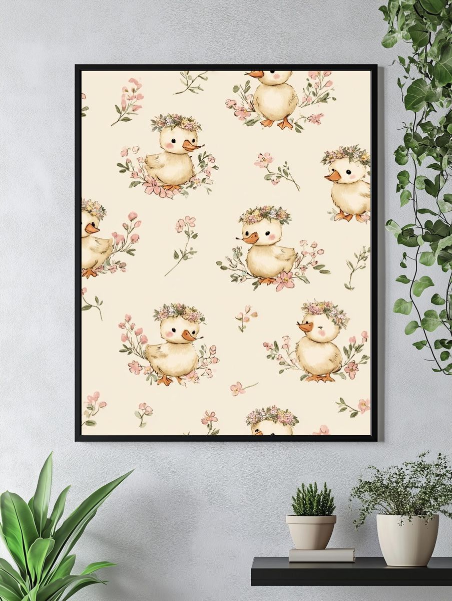 Cute Ducklings with Flowers — Kids Print. — room view 4