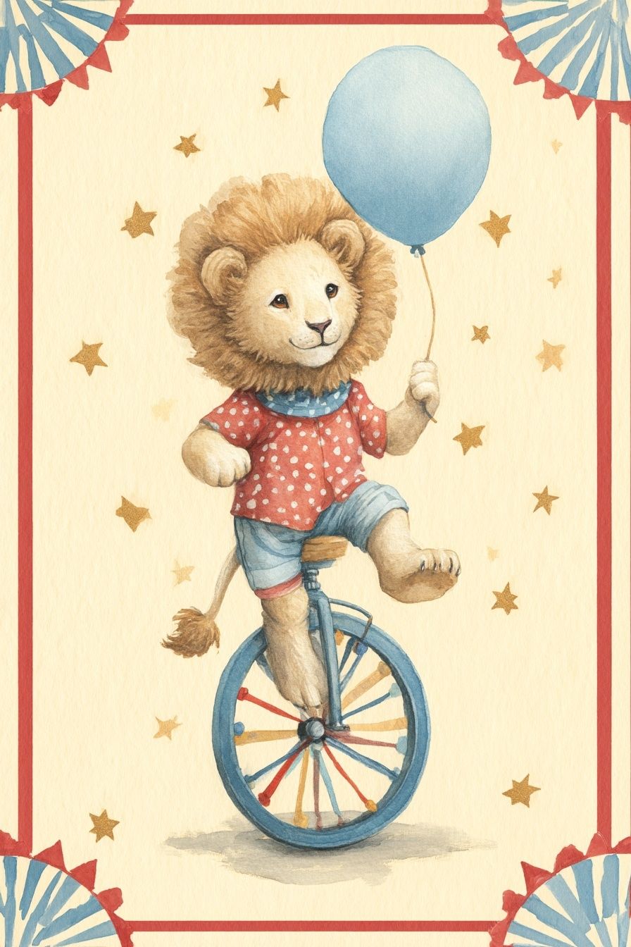 Circus Lion on Unicycle — Illustration Print. poster — illustration art