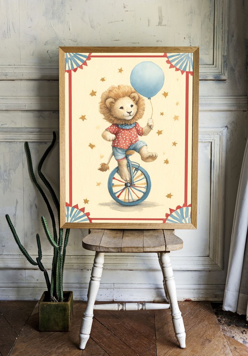 Circus Lion on Unicycle — Illustration Print. — room view 1