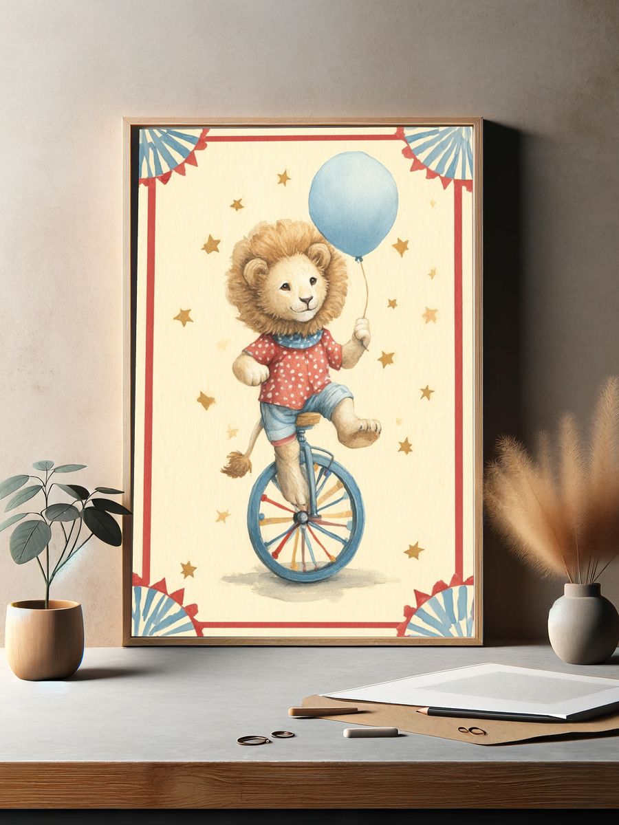 Circus Lion on Unicycle — Illustration Print. — room view 2