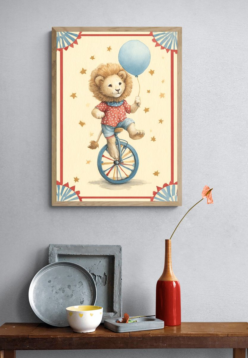 Circus Lion on Unicycle — Illustration Print. — room view 3