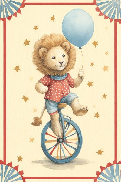 Circus Lion on Unicycle — Illustration Print. poster