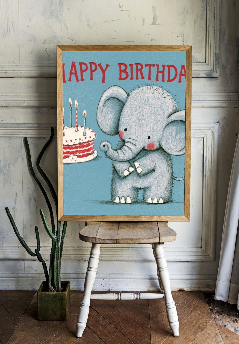 Happy Birthday Elephant Illustration Poster. — room view 1