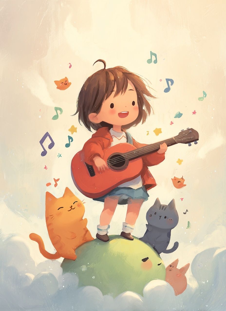 Guitar Girl and Cats Illustration Poster. poster detail