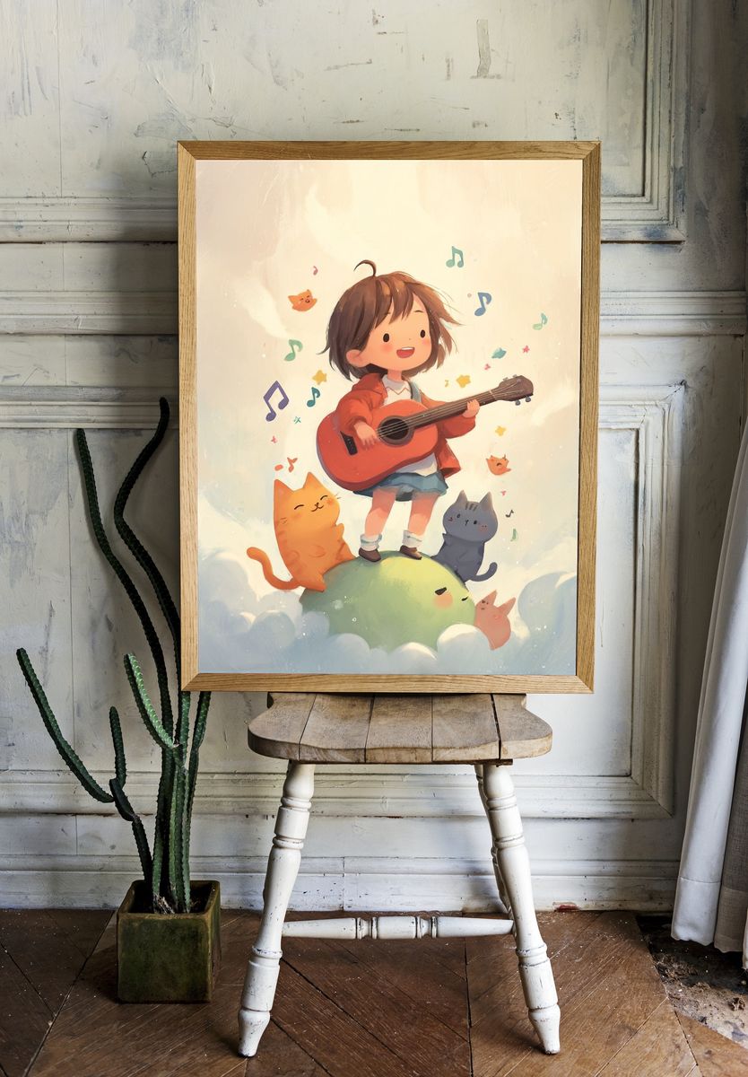 Guitar Girl and Cats Illustration Poster. — room view 1