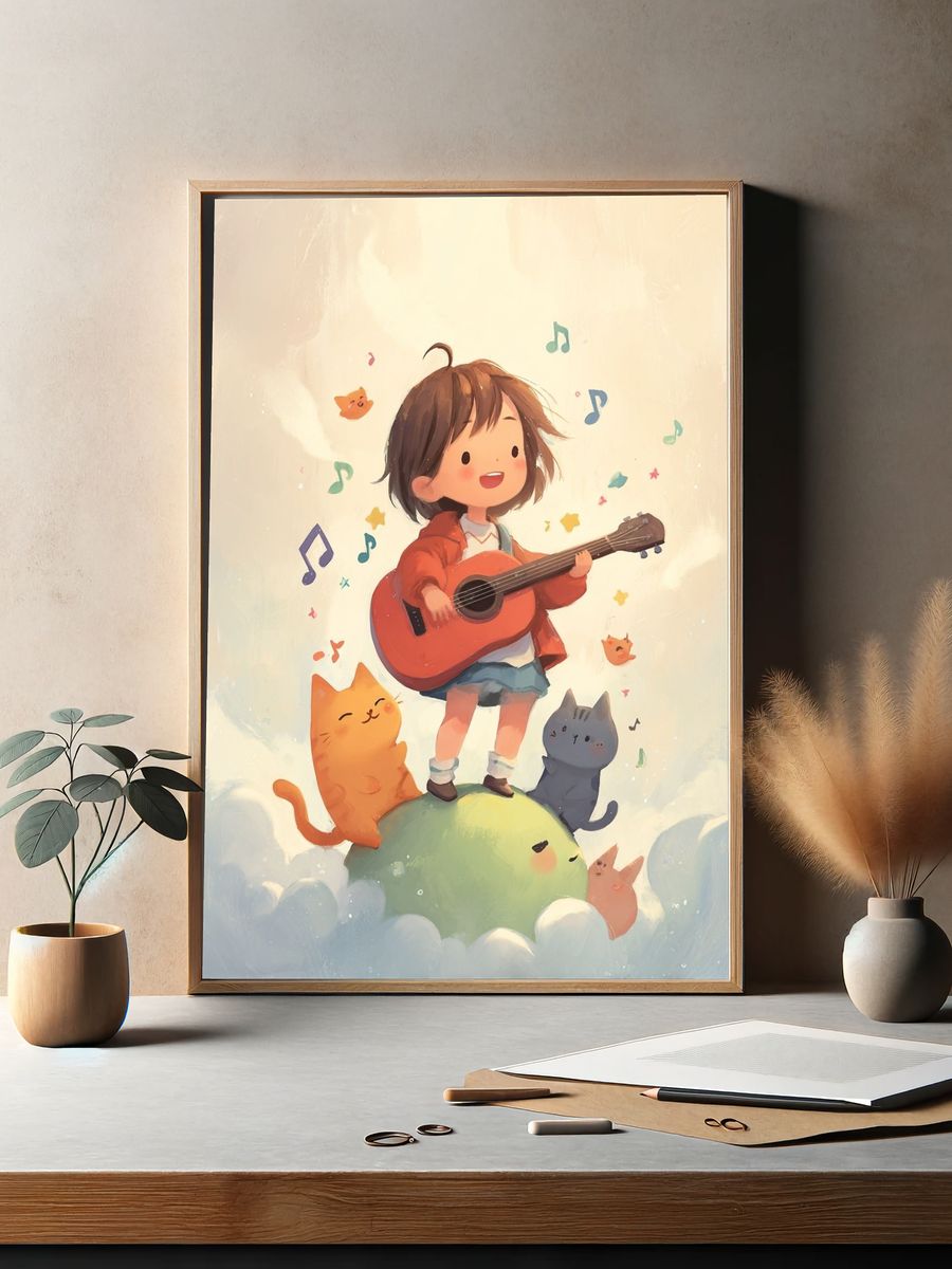 Guitar Girl and Cats Illustration Poster. — room view 2