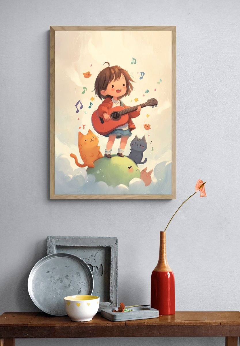 Guitar Girl and Cats Illustration Poster. — room view 3