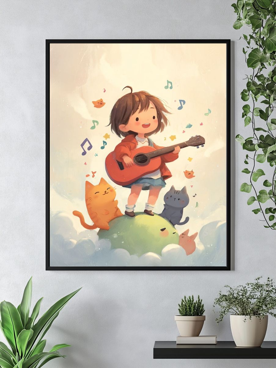 Guitar Girl and Cats Illustration Poster. — room view 4