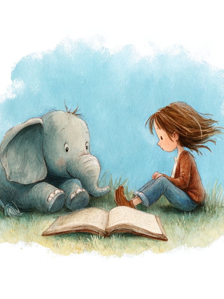 Little Girl and Elephant — Watercolor Print. poster — kids art