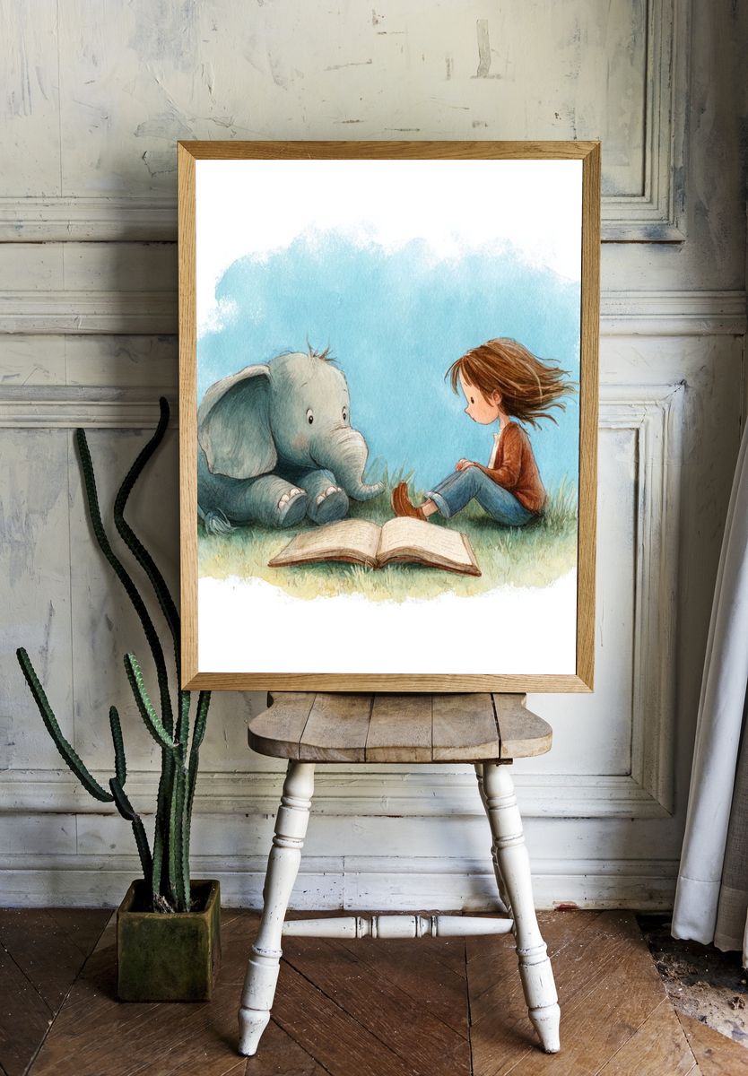 Little Girl and Elephant — Watercolor Print. — room view 1