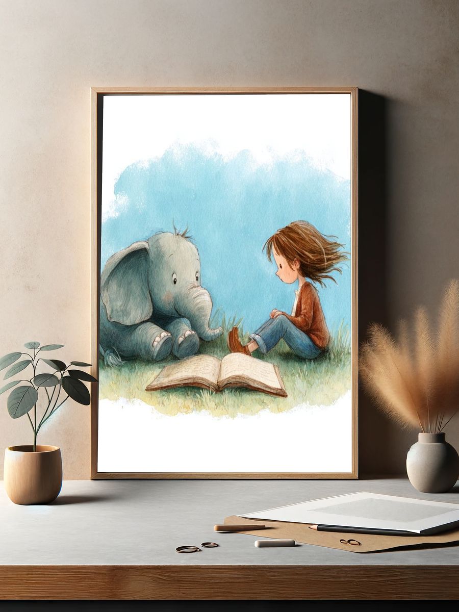 Little Girl and Elephant — Watercolor Print. — room view 2