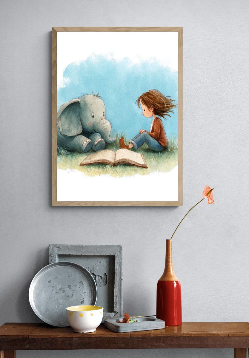 Little Girl and Elephant — Watercolor Print. — room view 3