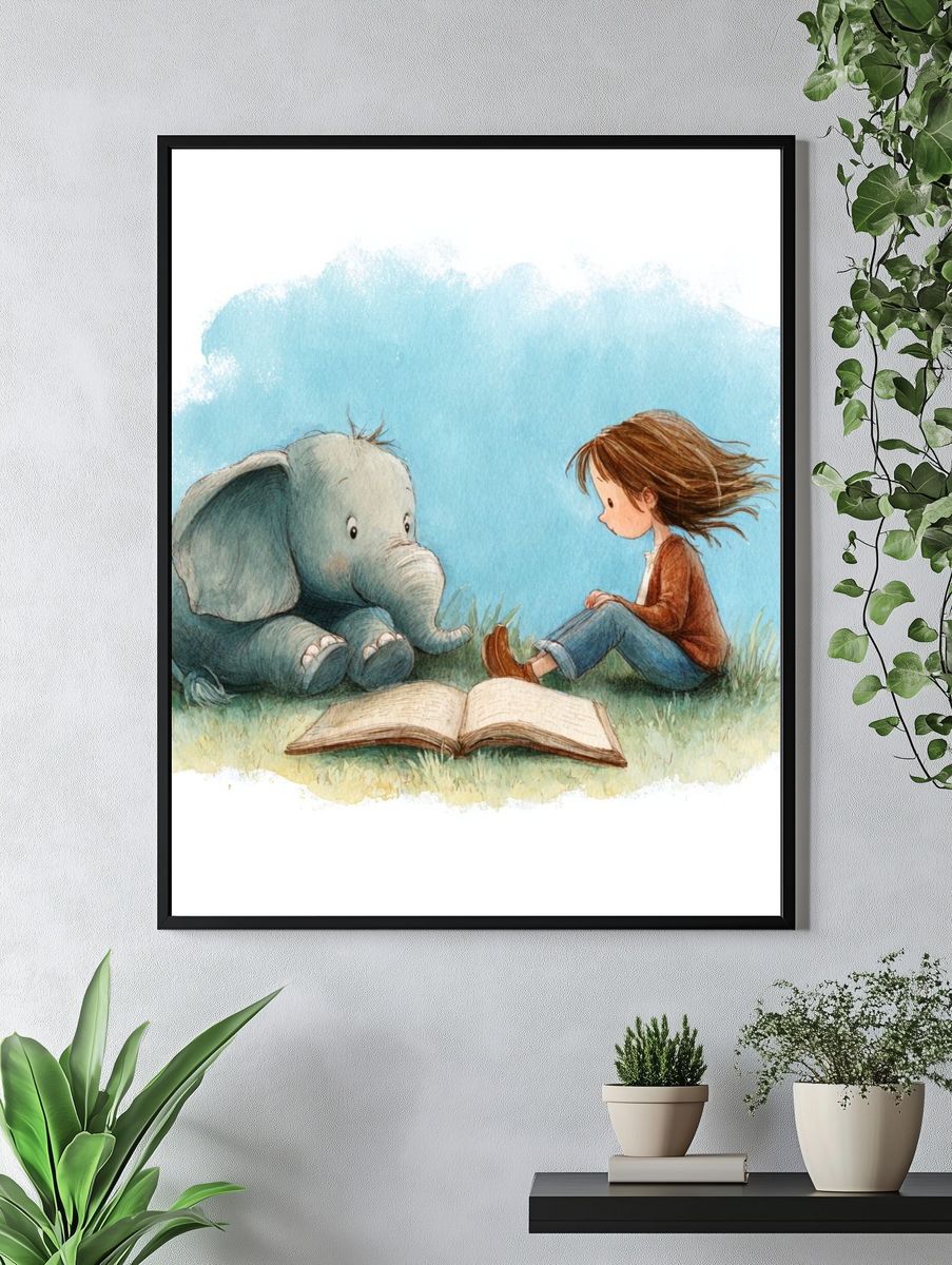 Little Girl and Elephant — Watercolor Print. — room view 4