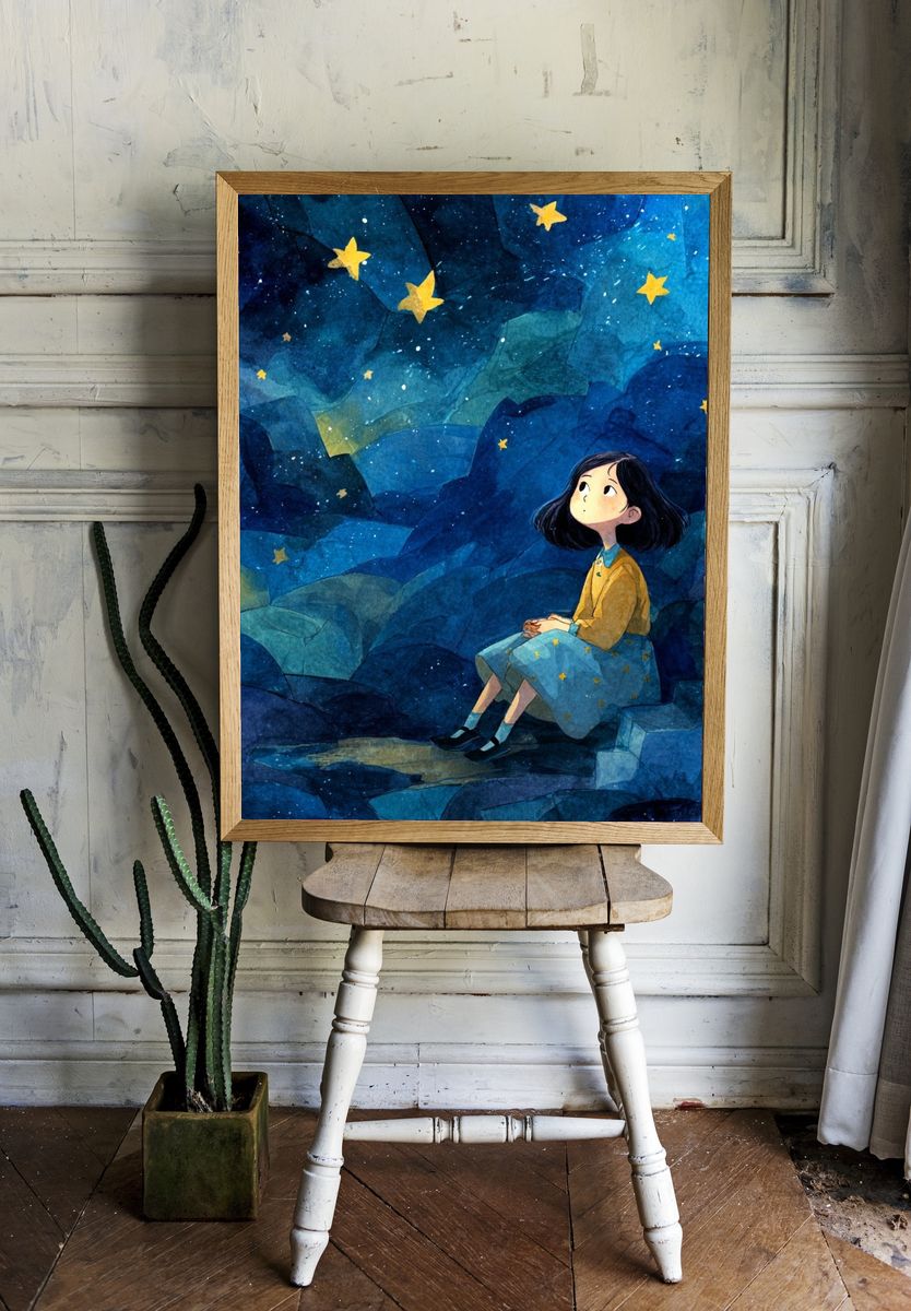 Girl Stargazing — Watercolor Print. — room view 1