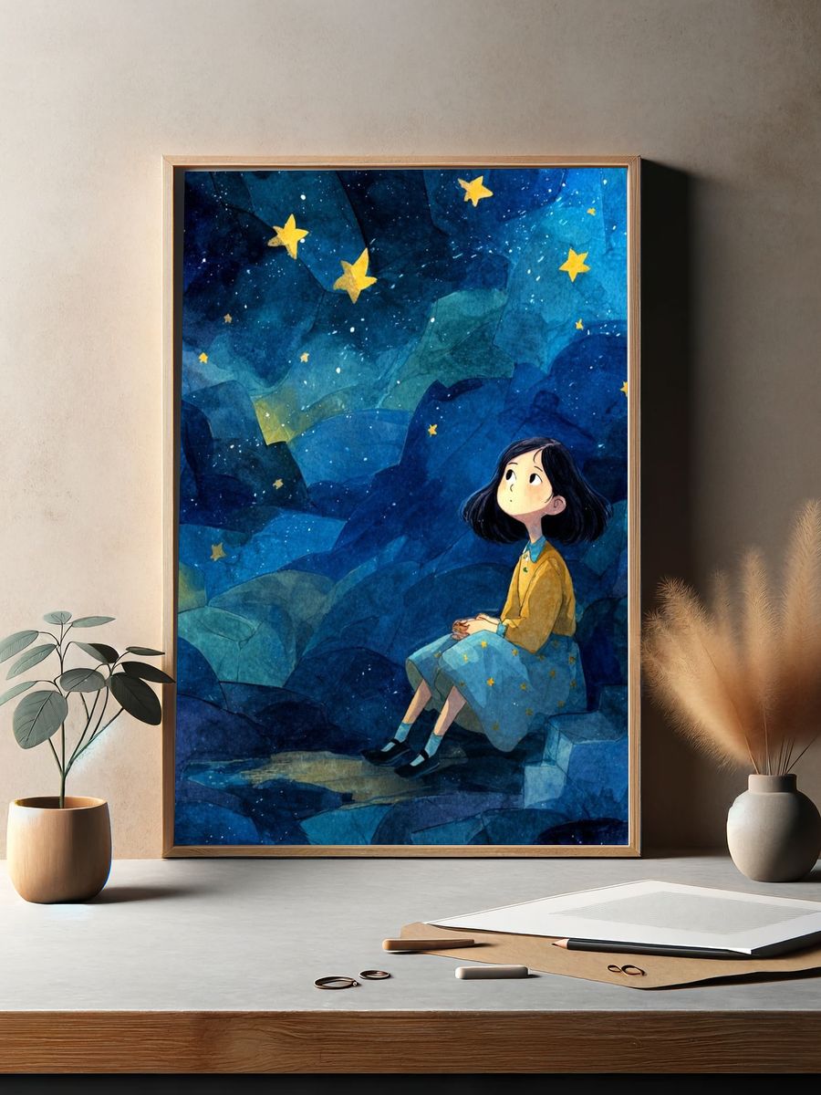Girl Stargazing — Watercolor Print. — room view 2