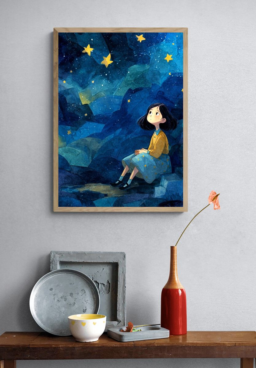 Girl Stargazing — Watercolor Print. — room view 3