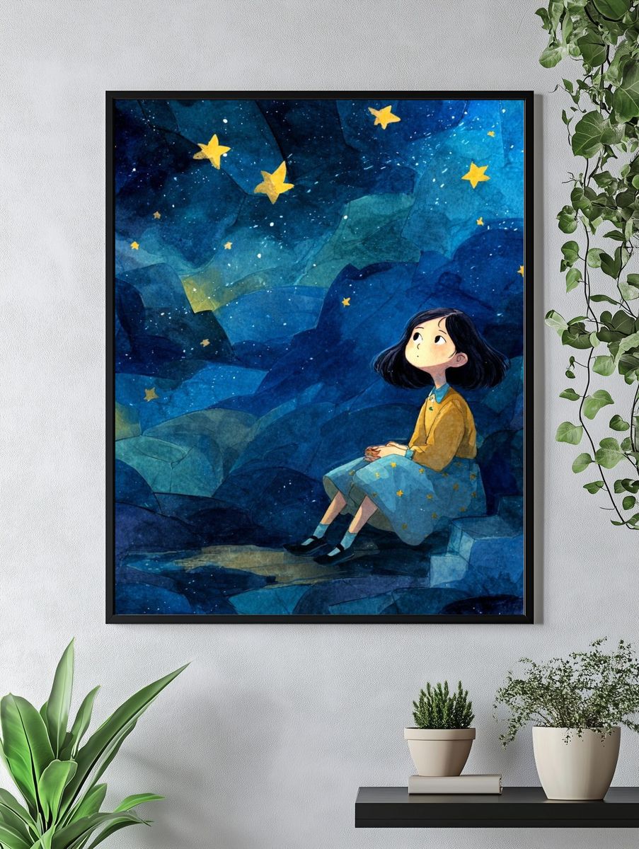 Girl Stargazing — Watercolor Print. — room view 4