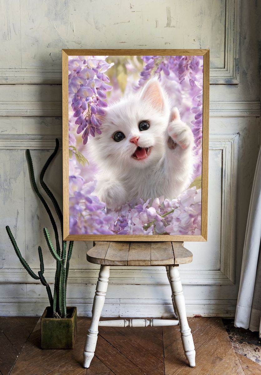 Playful White Kitten Among Wisteria Flowers Poster. — room view 1