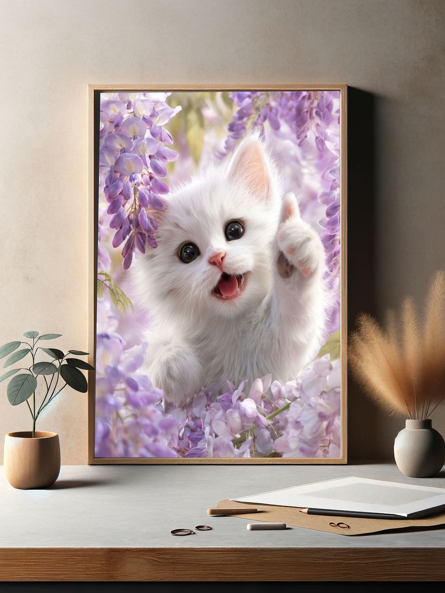 Playful White Kitten Among Wisteria Flowers Poster. — room view 2