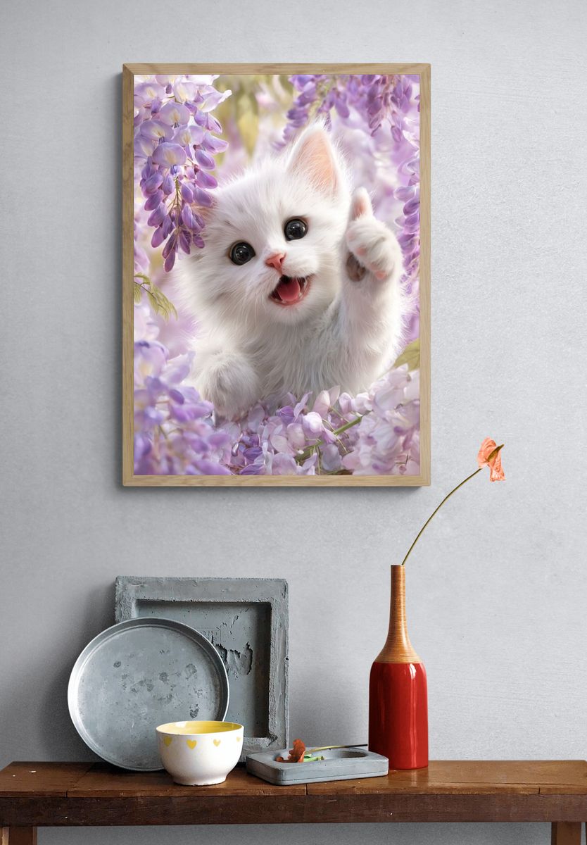 Playful White Kitten Among Wisteria Flowers Poster. — room view 3