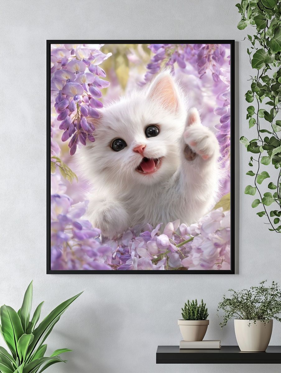 Playful White Kitten Among Wisteria Flowers Poster. — room view 4