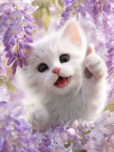 Playful White Kitten Among Wisteria Flowers Poster. poster print