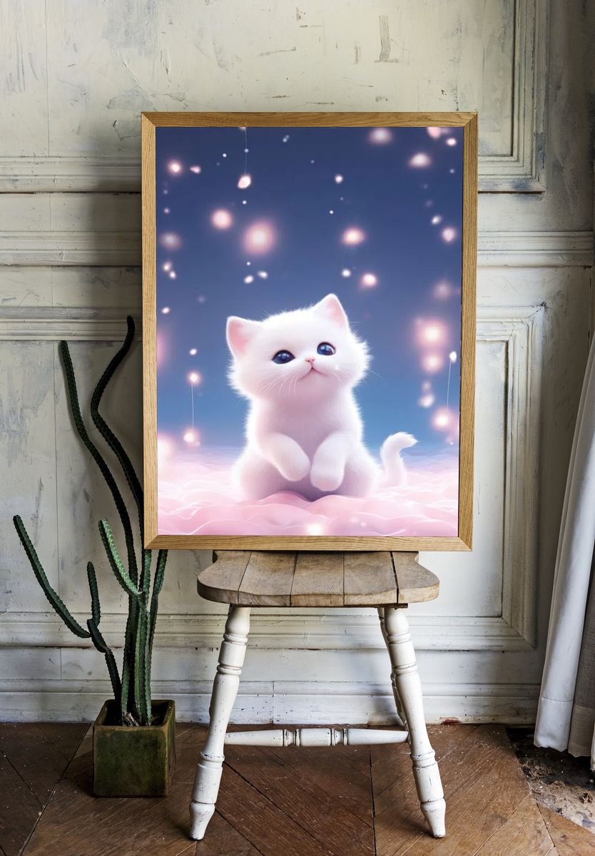Cute White Kitten — Digital Art Print. — room view 1