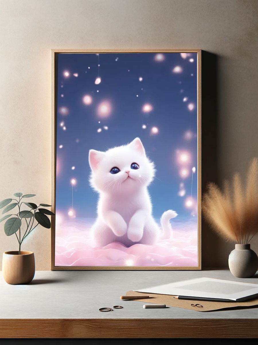 Cute White Kitten — Digital Art Print. — room view 2