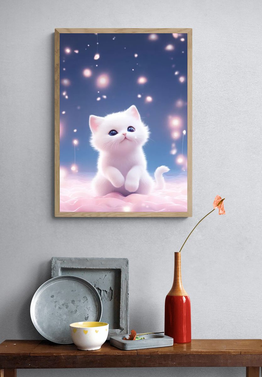 Cute White Kitten — Digital Art Print. — room view 3