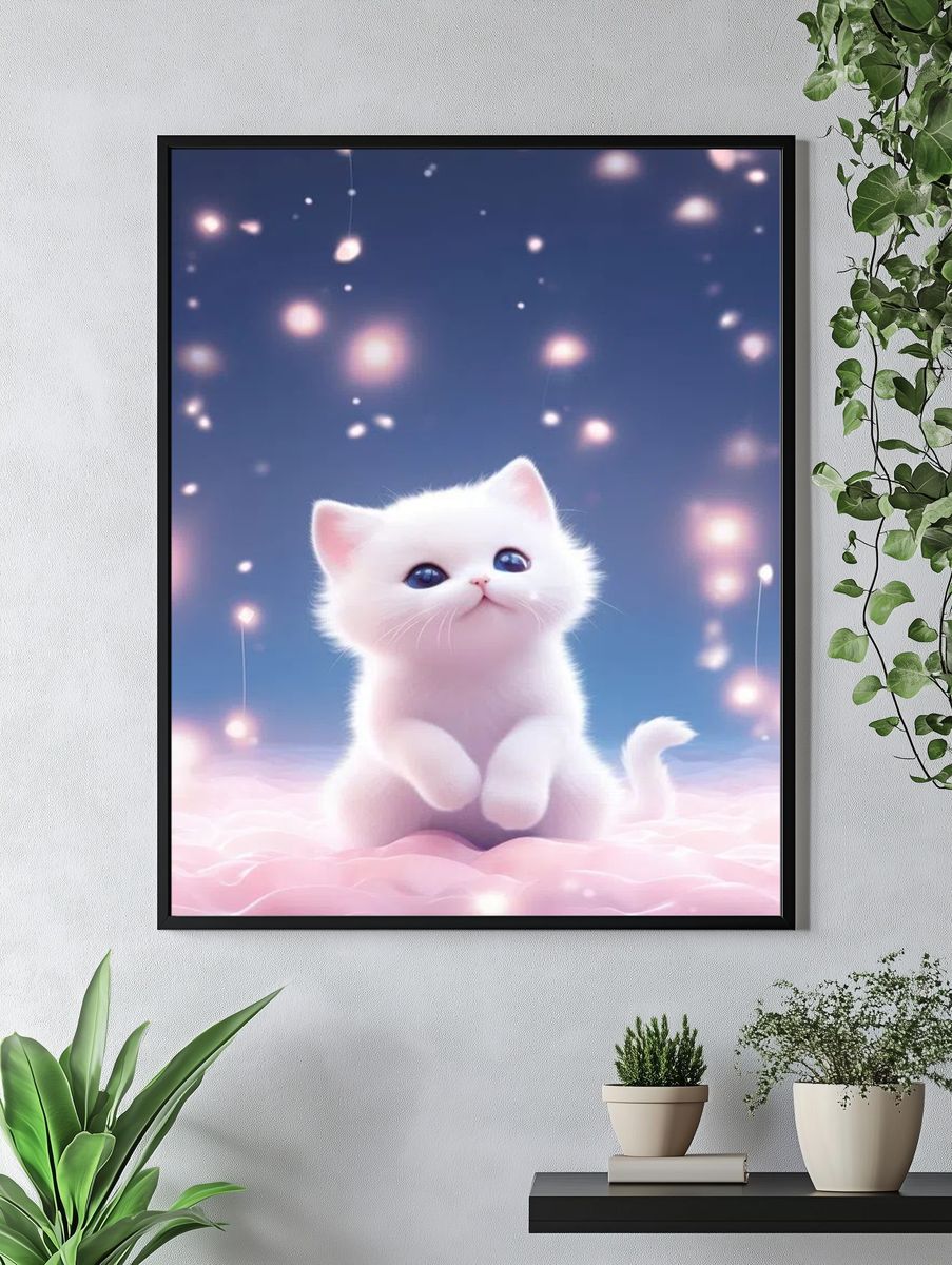 Cute White Kitten — Digital Art Print. — room view 4