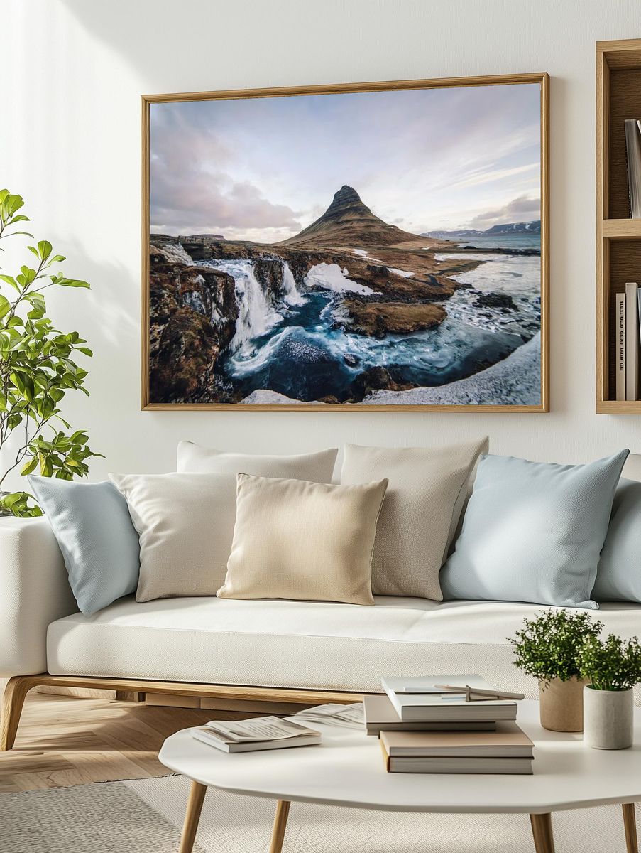 Kirkjufell Mountain and Waterfall Poster. — room view 2