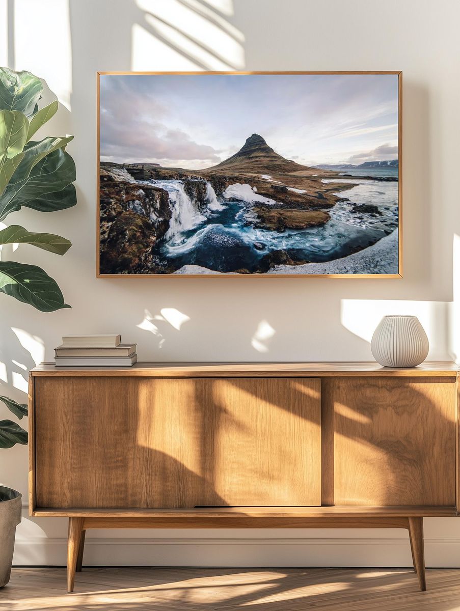 Kirkjufell Mountain and Waterfall Poster. — room view 3