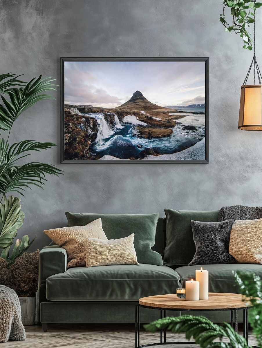 Kirkjufell Mountain and Waterfall Poster. — room view 4