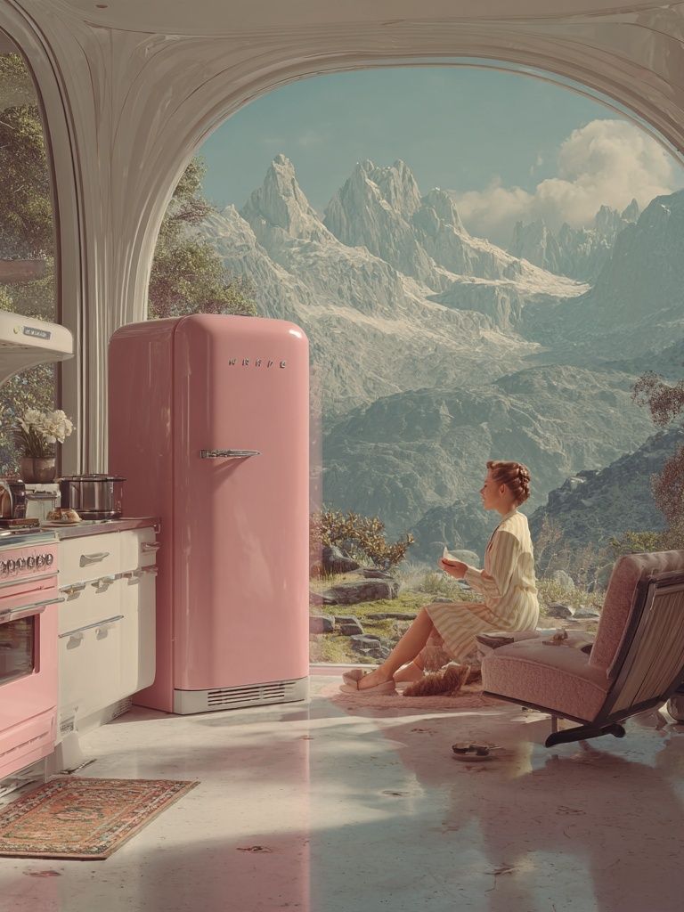 Modern Kitchen with Mountain View — Digital Art Print. poster — illustration art
