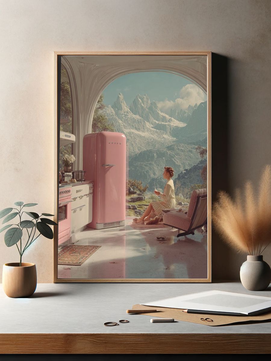 Modern Kitchen with Mountain View — Digital Art Print. — room view 2