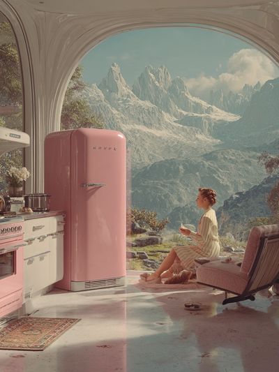 Modern Kitchen with Mountain View — Digital Art Print. poster print