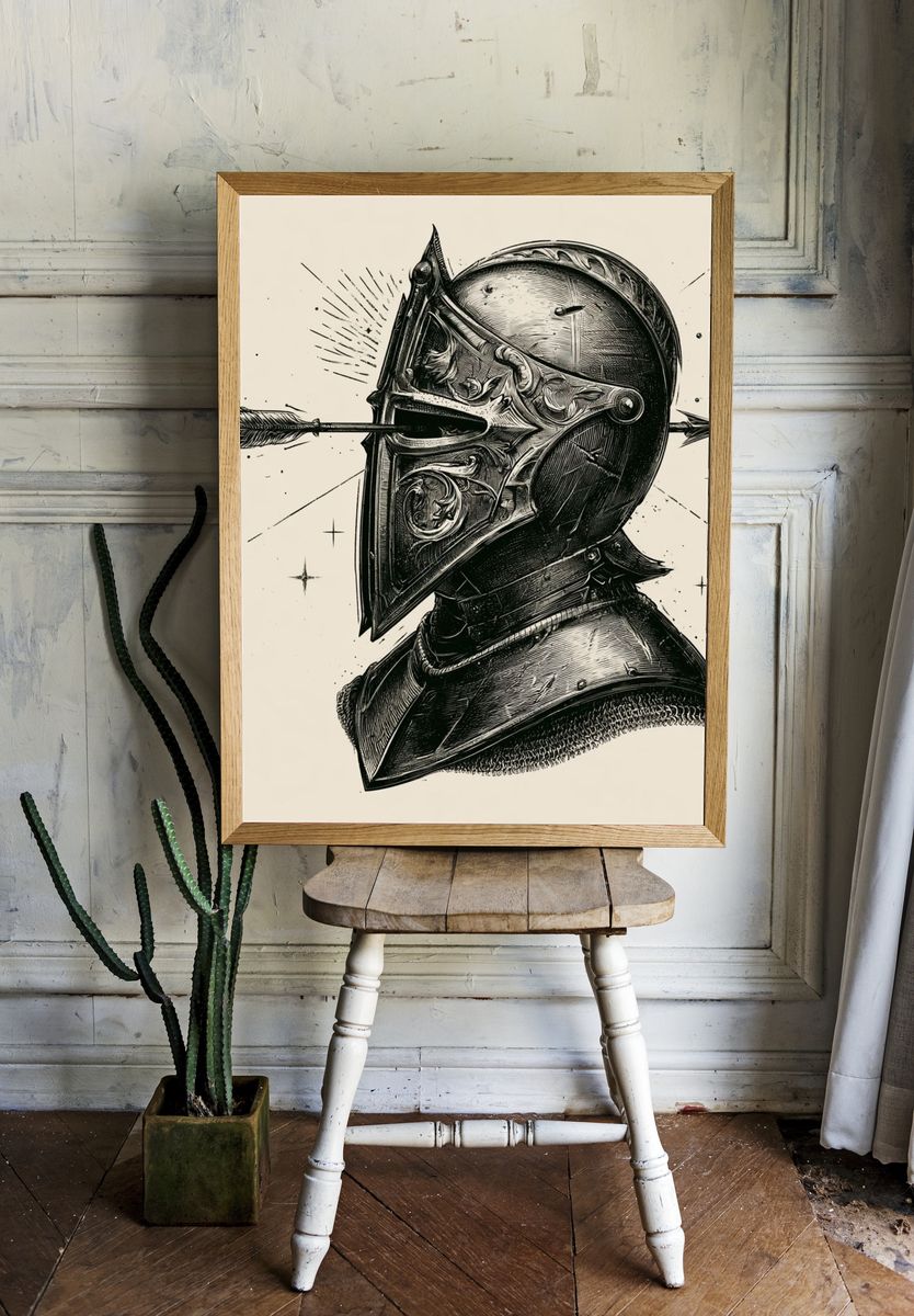 Knight Helmet Ink Illustration Poster. — room view 1