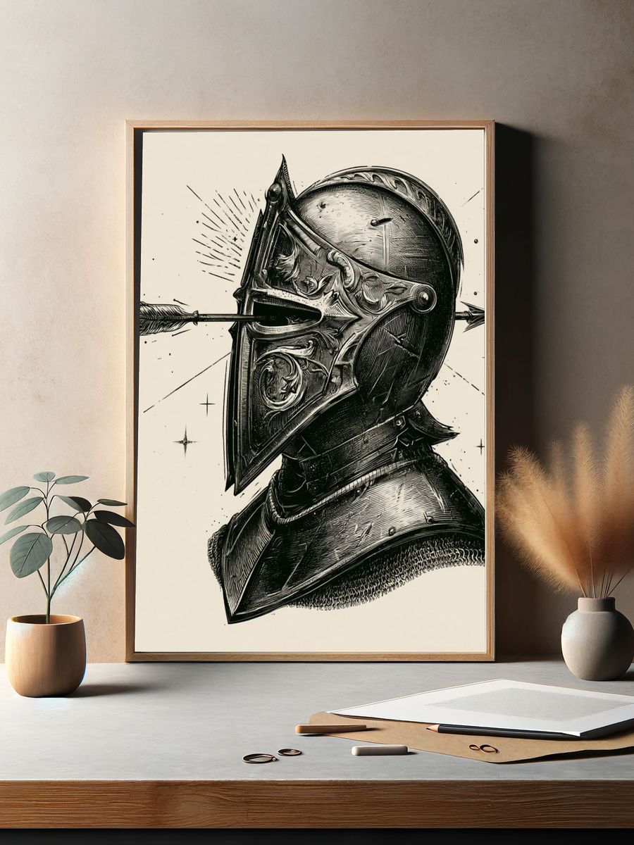Knight Helmet Ink Illustration Poster. — room view 2