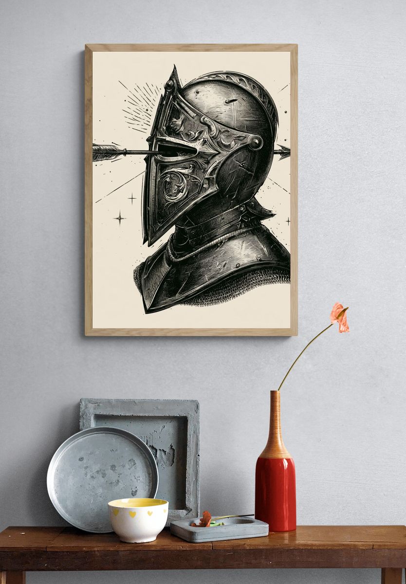 Knight Helmet Ink Illustration Poster. — room view 3