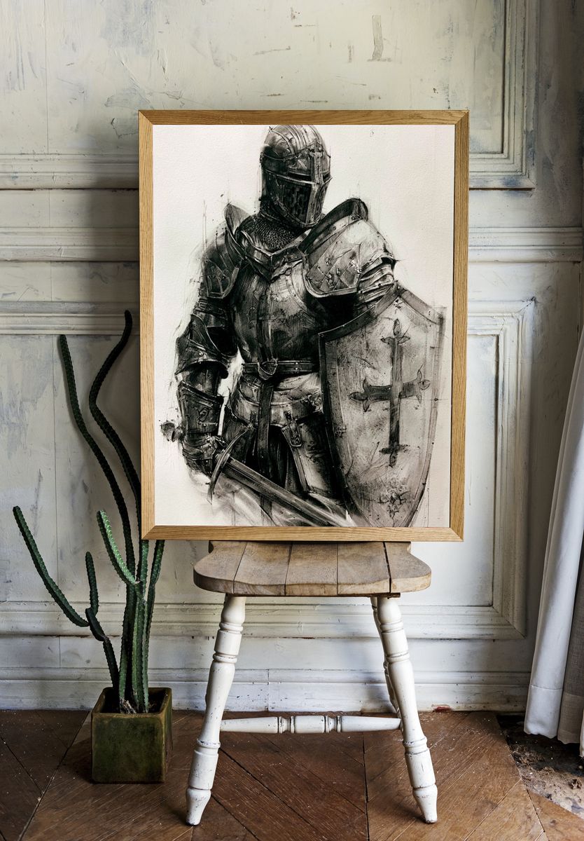Armored Knight Black-White Print. room preview