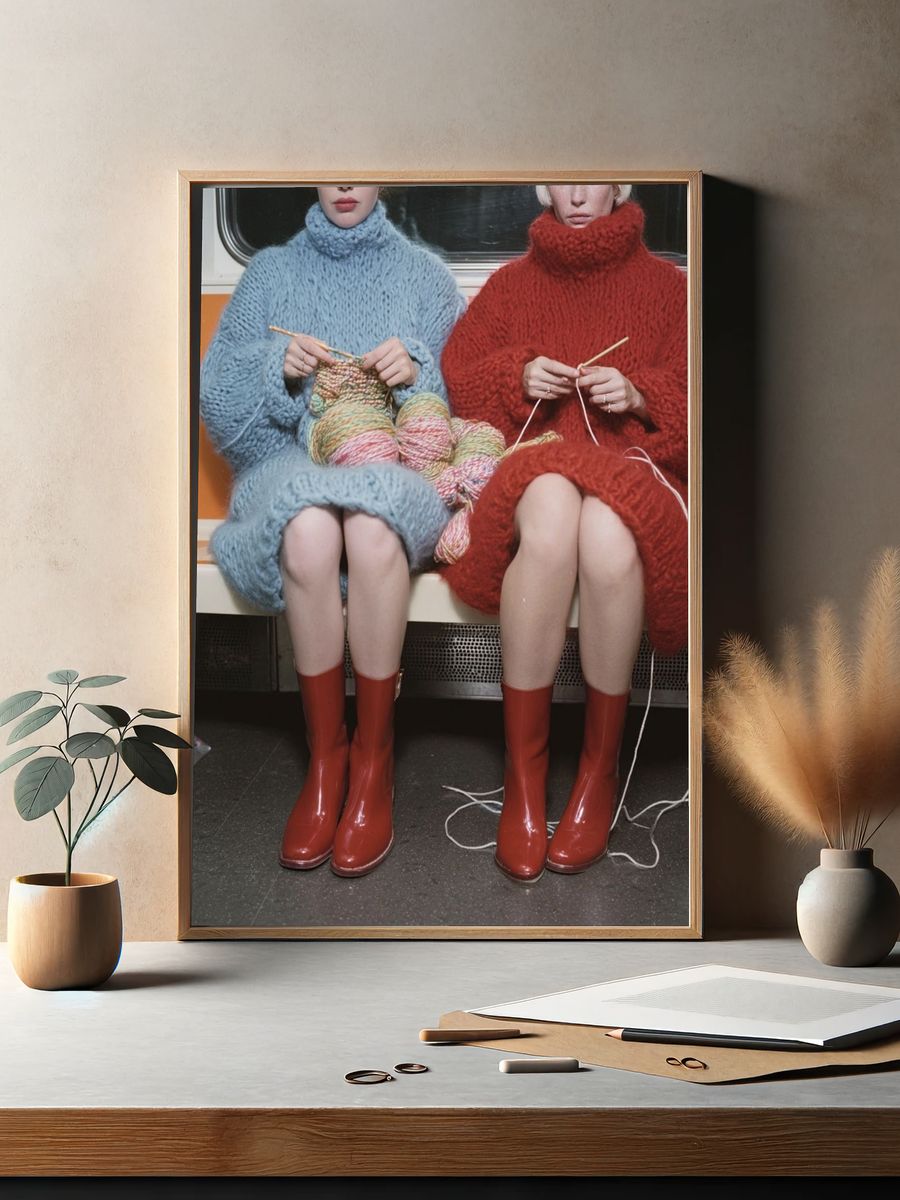 Knitting in the Subway — Vintage Print. — room view 2