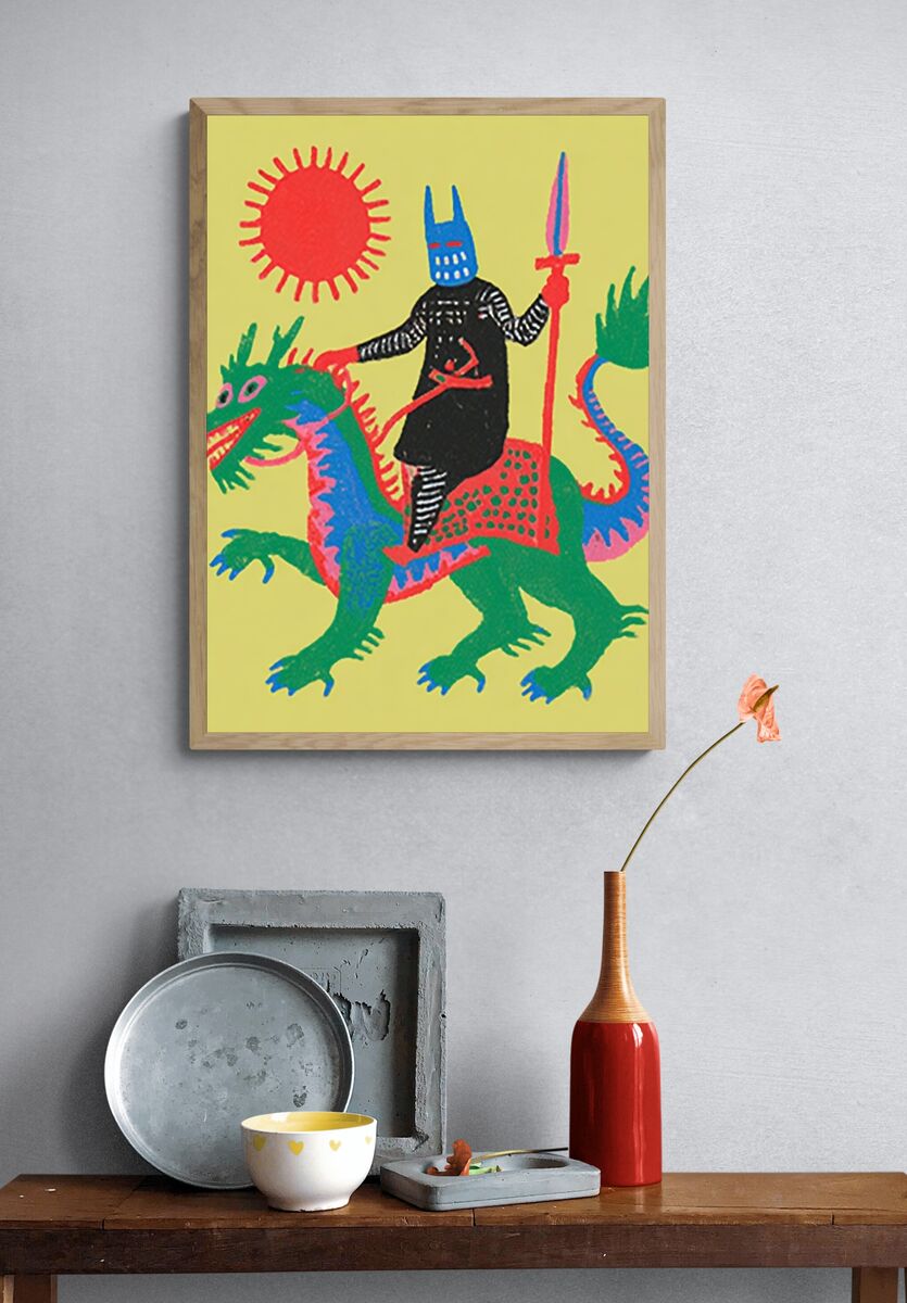 Knight on Dragon — Colorful Print. — room view 3
