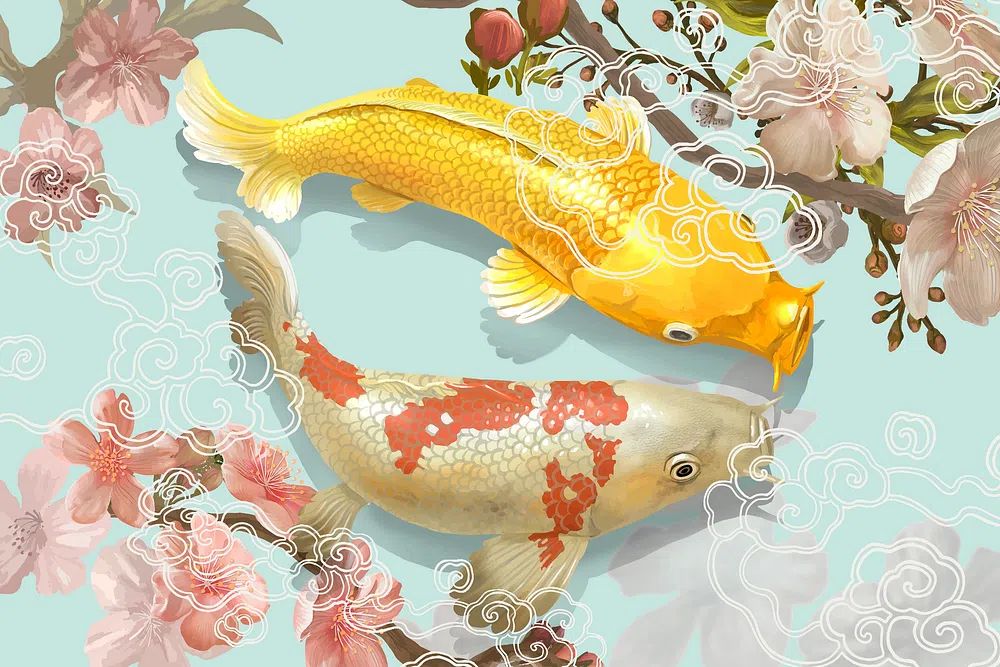 Two Japanese Koi fish swimming. poster detail