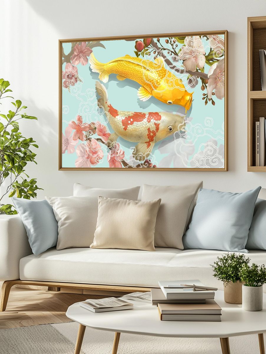 Two Japanese Koi fish swimming. — room view 2