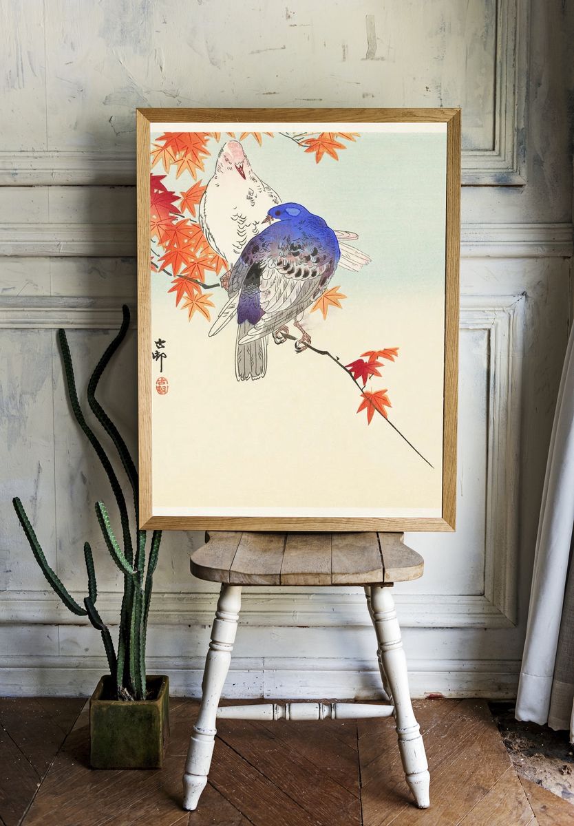 Two pigeons autumn branch. room preview