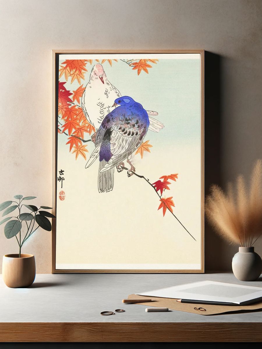 Two pigeons autumn branch. — room view 2
